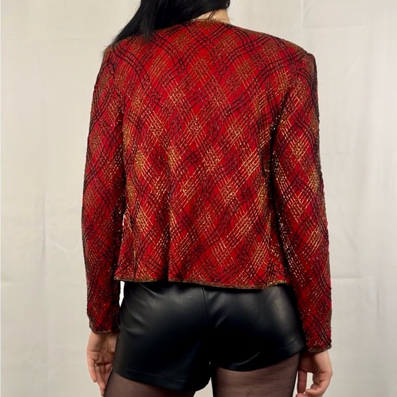 Vintage Papell Boutique Red and Gold Sequins Plaid Cropped Silk Evening Jacket - Picture 4 of 8
